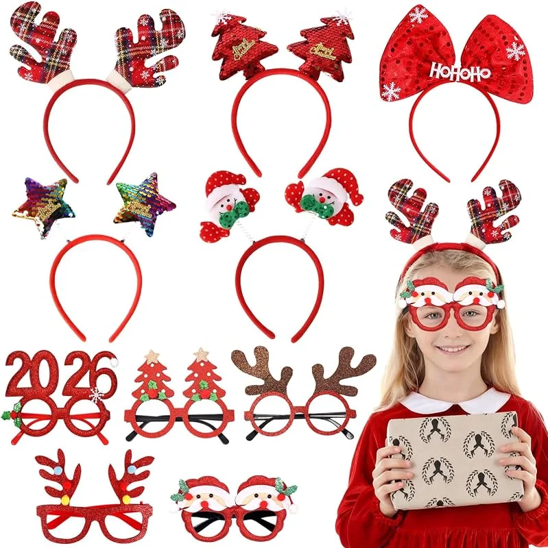 Druuzyl Diadema de Navidad 10 Piezas con Gafas Festivas - Cuernos de Reno y Gorro de Santa, Tocado Navideño para Niños y Adultos, Accesorios para Fiestas, Árbol de Navidad y Fotos — Ropa Navidad
