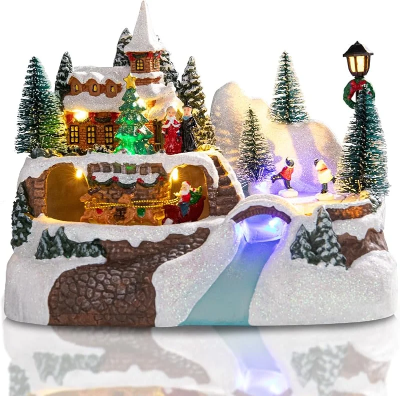Vigdur Casas de pueblo de Navidad – Pueblo de Navidad animado con luces coloridas y 8 edificios coleccionables de Navidad alimentados por pilas para el hogar — Decoracion Navidad