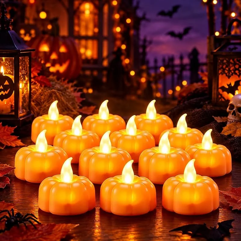 Songlypian 12 velas LED con forma de calabaza para Halloween, Sin Llama a Pilas — Luces Navidad
