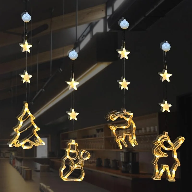 Axijobs 4Piezas Luces de Ventana de Decoración Navideña, Cortina de Luces LED, LED Luces de Estrella de Navidad Ventosas Colgante Lámpara de Papá Noel Decoración de Ventanas para Jardín Casa Árbol Fiesta(Largo) — Decoracion Navidad