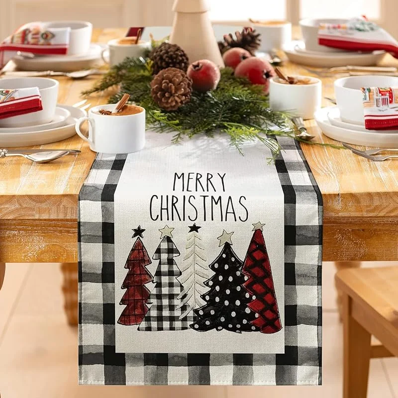 BHGWR Camino de mesa navideño gris, mantel de Navidad moderno de lino árbol de Navidad 180 cm x 34 cm, decoración navideña para el hogar — Hogar y cocina
