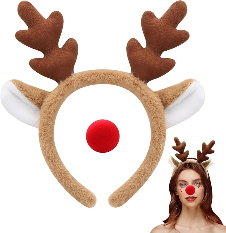 YUYWWAN Accesorios de Disfraz Reno, Cuernos de Ciervo Diadema y Nariz de Reno, Accesorios de Tocado de Asta de Alce Navideño para niños Adultos Fiesta Temática de Juegos de Rol — Ropa Navidad