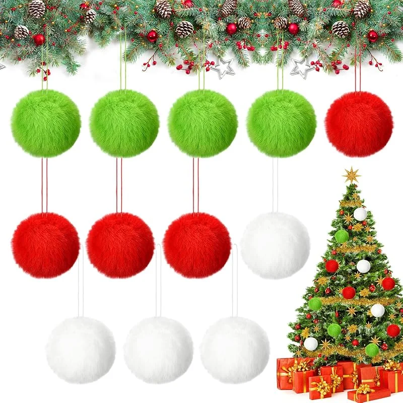 GTYARYUA Bolas Arbol Navidad, 12 PCS Bolas Arbol de Navidad, Pelota Navideñas Peludas Artificiales, Decoracion Navidad, para Chimenea, Decoración de Pared DIY (Rojo + Verde + Blanco)