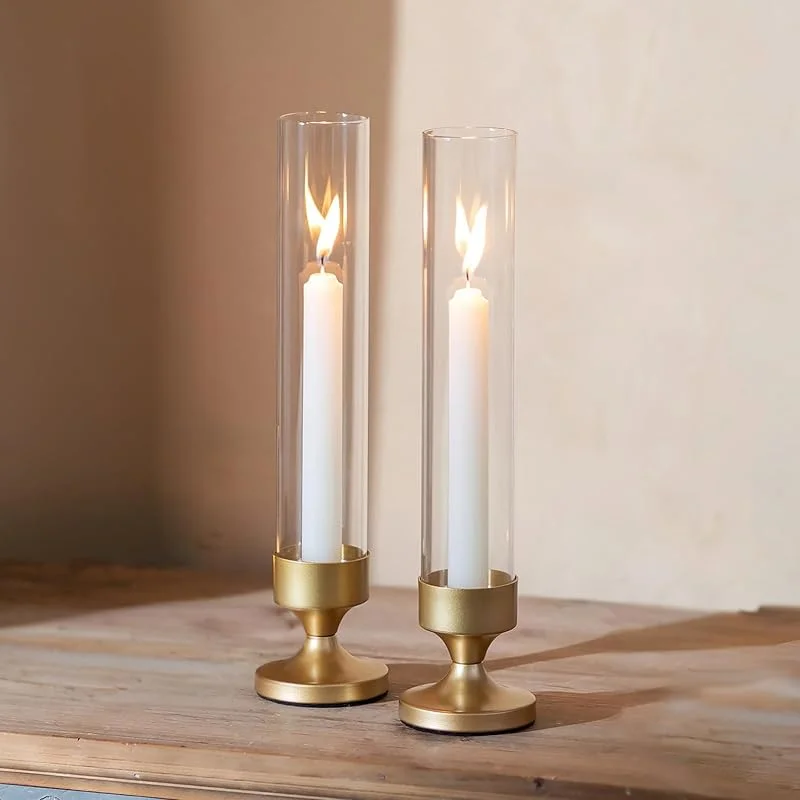 Visita la tienda de Nuptio NUPTIO Huracán de Cristal Titular de la Vela: Portavelas de Oro Alto Candelabro Cilindro de Vidrio - Set de 2 Centros de Mesa para Bodas Chimenea Decoración de Mesas de Comedor — Cena a la luz de velas