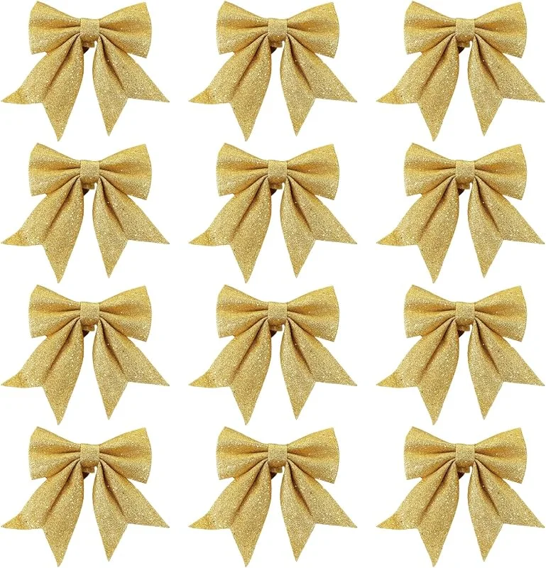 SSKHE 12 lazos de Navidad, lazos dorados champán con lentejuelas para adornos decorativos de Navidad, decoración de árbol de Navidad, suministros de fiesta en el hogar — Envoltorio regalo