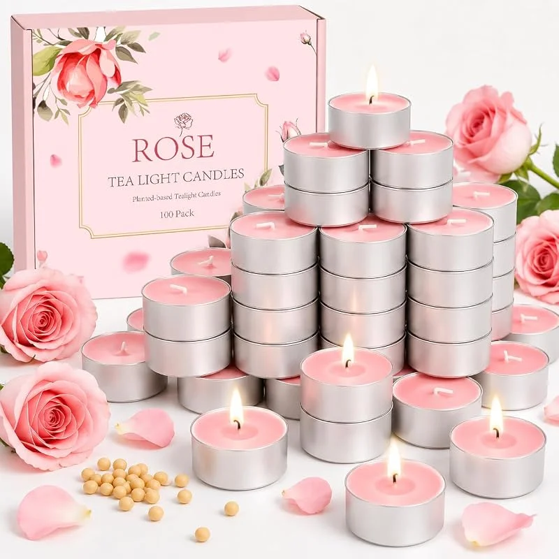 AOTOIE Velas de té con aroma a rosa, 100 unidades de cera de soja, 4 horas de combustión, caja de regalo — Cena a la luz de velas