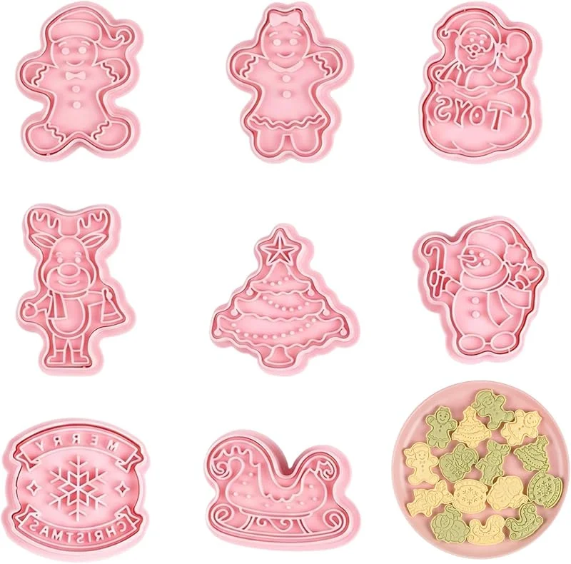 LBQUTN Juego de 8 Cortadores de Galletas de Navidad, Moldes para Galletas 3D con Sellos de Plástico, Cortador de Galletas de Plástico para Niños, Fondant, Repostería Creativa y DIY — Hogar y cocina