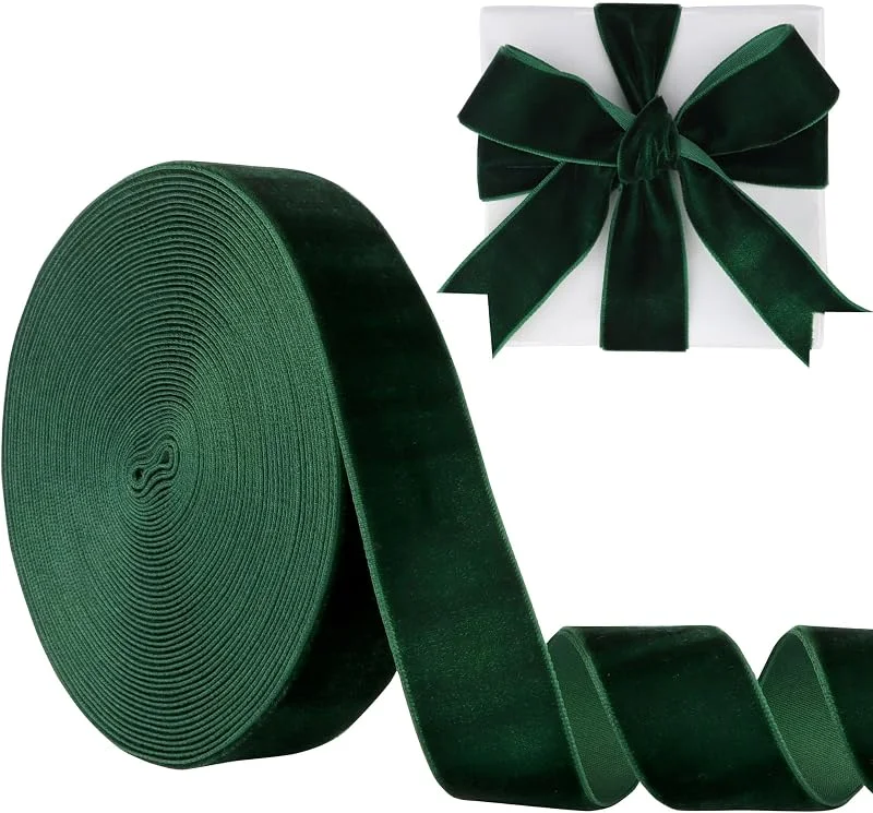 Manjonzic Cinta de terciopelo verde oscuro de 25 mm, cinta de terciopelo Manjonzic de una sola cara, perfecta para árboles de Navidad, envolver regalos, ramos de decoración de boda — Envoltorio regalo