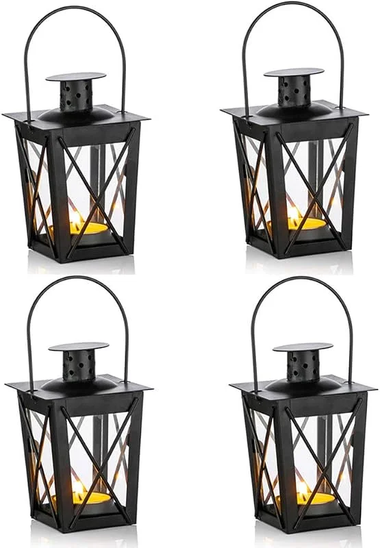 Visita la tienda de Nuptio Nuptio 4 Piezas Linternas para Velas, Mini Linternas Decorativas de Metal Vintage Negro Portavelas de Té y Portavelas de Luz de Té para Decoración de Fiesta de Cumpleaños y Jardín — Cena a la luz de velas