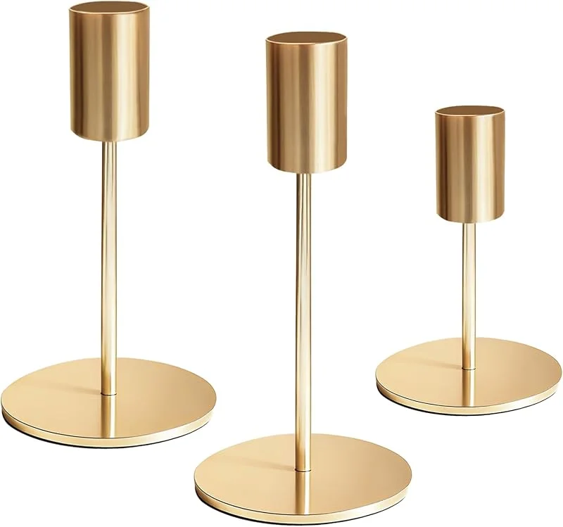 ACOMTUO 3 Piezas Candelabro Dorado, Candelabros Decorativos de Velas, Candelabro Decorativos, 8.5, 14, 16 cm Candelabros para Velas, para Decoración de Mesa de Boda — Cena a la luz de velas