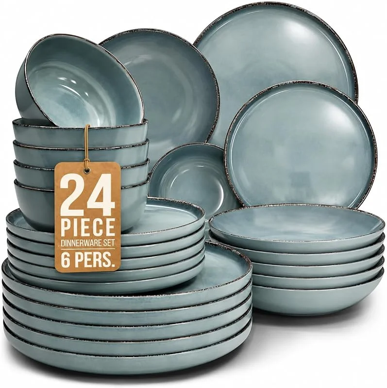 Visita la tienda de PURE LIVING INTERIOR DESIGN Vajillas para 6 Personas, Set de Steingut Rustic de 24 Piezas - Diseño Rústico y Moderno, Apto para Lavavajillas - Juego de Platos y Cuencos - Vajilla Pure Living en Color azul humo — Adviento y mesa