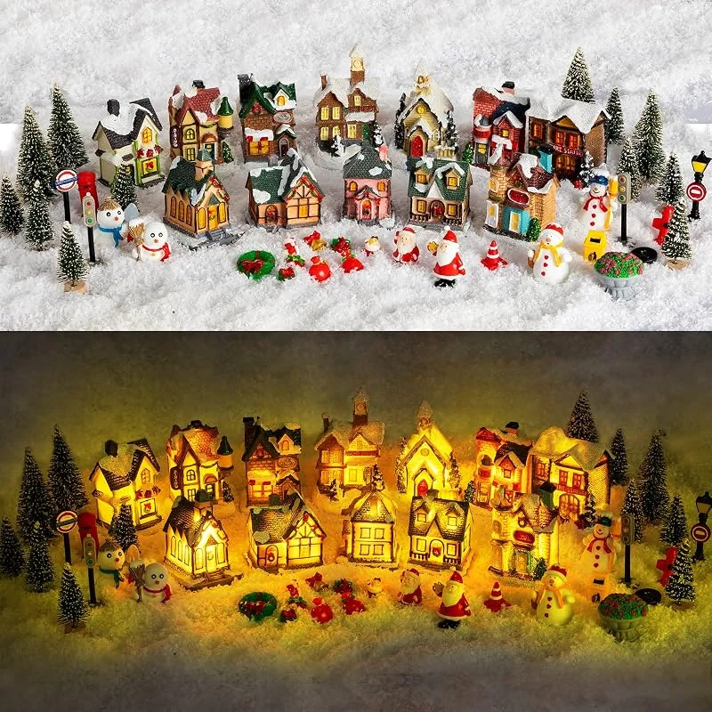 Vinsot Juego de 48 decoraciones de casas de pueblo de Navidad con luces LED — Decoracion Navidad