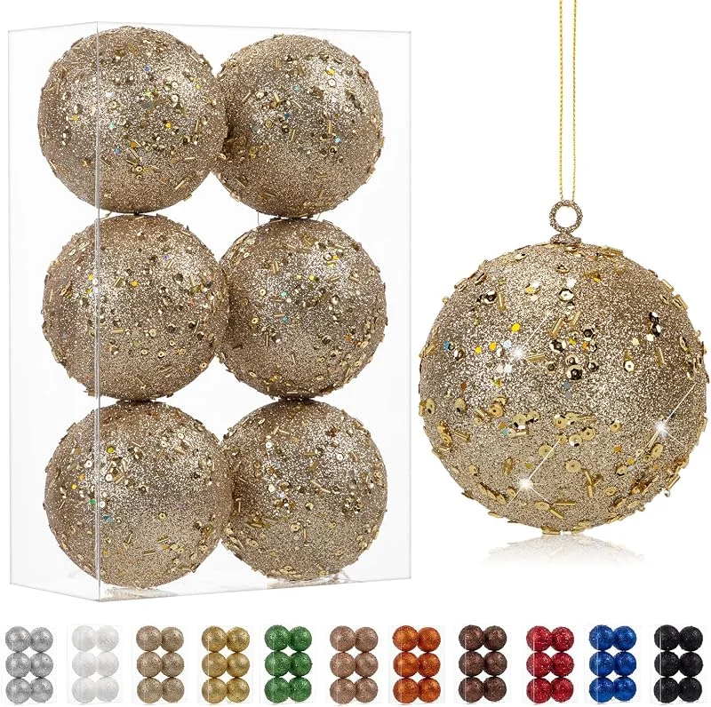 Visita la tienda de Oairse Set de 6 bolas decorativas para árbol de Navidad de 10 cm, ornamento de bola de Navidad con brillo holográfico, decoración delicada para árbol de Navidad, celebración de Navidad y boda, champán — Decoracion Navidad