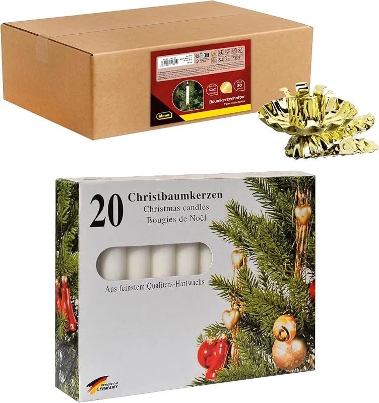 Visita la tienda de Idena Idena 90489 - Portavelas para el árbol de Navidad, 20 Unidades en Dorado, Incl. 20 Velas para árbol en Blanco, portavelas Vintage de Metal, con Clip para Ramas de hasta 1, 5 cm de Grosor — Adviento y mesa