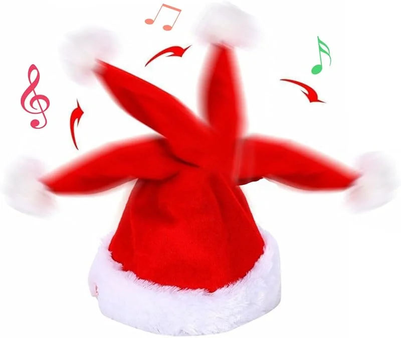 BeVistoso Sombreros de Navidad que cantan Papá Noel bailando con pilas para adultos y niños, gorro de Papá Noel divertido de terciopelo de felpa con música, suministros para fiestas de Año Nuevo — Ropa Navidad