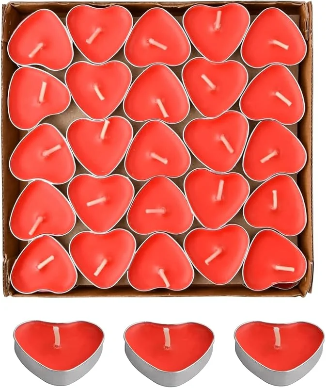 YSTrillion Romántico de Velas, 50 Pieza Velas Ligeras De Té, Candelita Amor Sin Humo en Forma de Corazón Rojo Romántica — Cena a la luz de velas