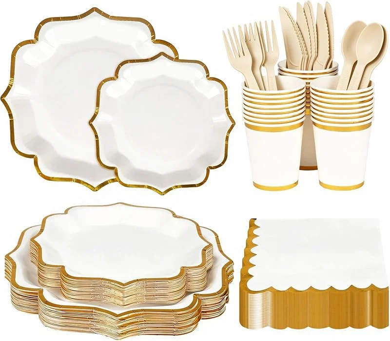 Anstore Vajilla Blanca Para Fiesta De 25 Invitados, 200 Platos Y Cubiertos De Papel Vintage Con Borde Dorada, Vajilla Desechable Y Exquisita Para CumpleañOs Con Cuchara, Tenedor, Cuchillo, Servilletas — Adviento y mesa