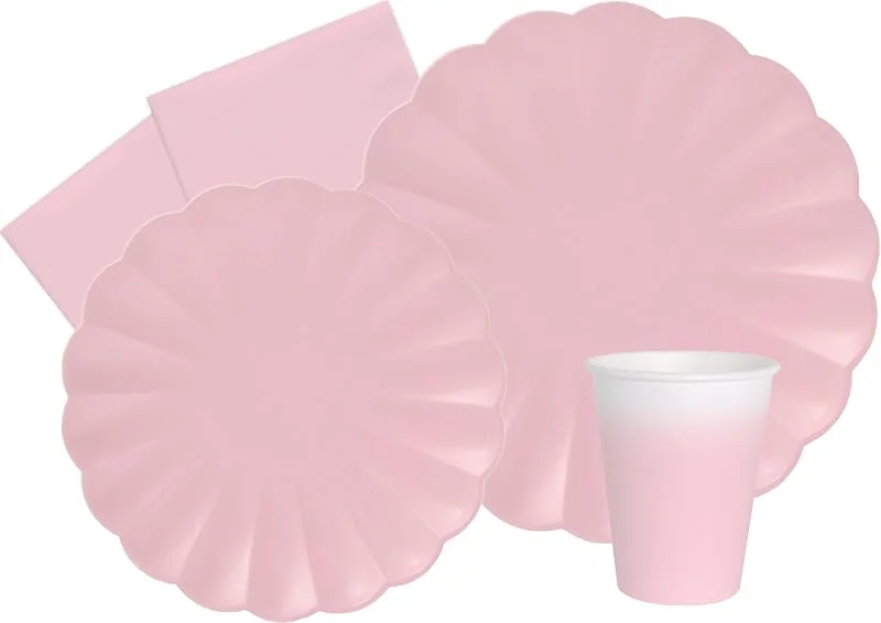 Visita la tienda de Ciao Kit Vajilla de Fiesta Flower Shape para 8 personas (44 pcs: 8 platos Ø23cm, 8 platos Ø18cm, 8 vasos 250ml, 20 servilletas 33x33cm) de papel compostable eco-friendly, rosa pastel — Cena a la luz de velas