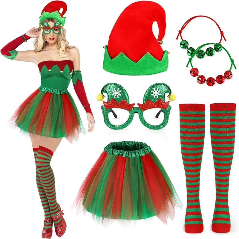 Beipegin Disfraz Elfo Adulto Traje de Elfo Mujer Falda Tutú Sombrero de Elfo Medias de Elfo Disfraz Navidad Mujer Complementos Navidad para Fiestas Navidad — Ropa Navidad