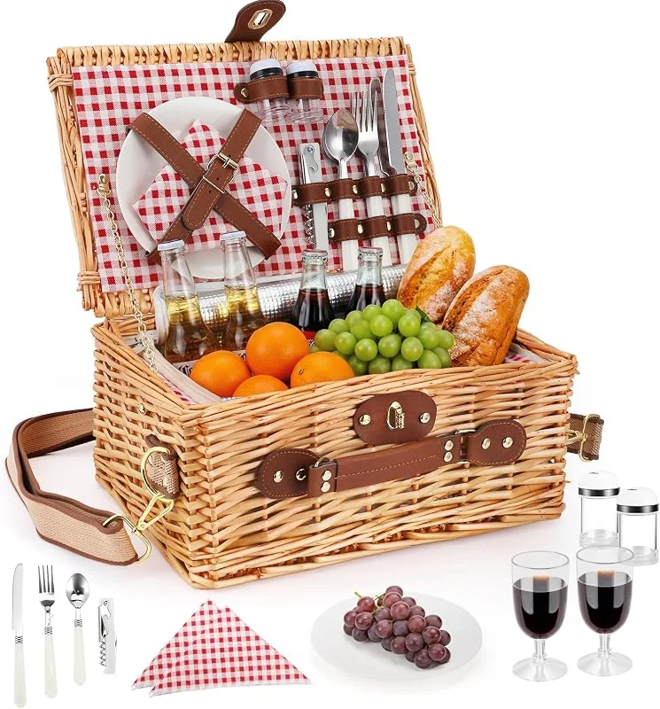 SenDeluz Cesta de Picnic de Mimbre Hecha a Mano para 2 Personas – Set de Picnic Completo con Compartimento Isotérmico Aislado, Vajilla, Cubiertos, Copas de Vino, Sacacorchos – Ideal para Playa Campo & Regalo — Vino y mesa festiva