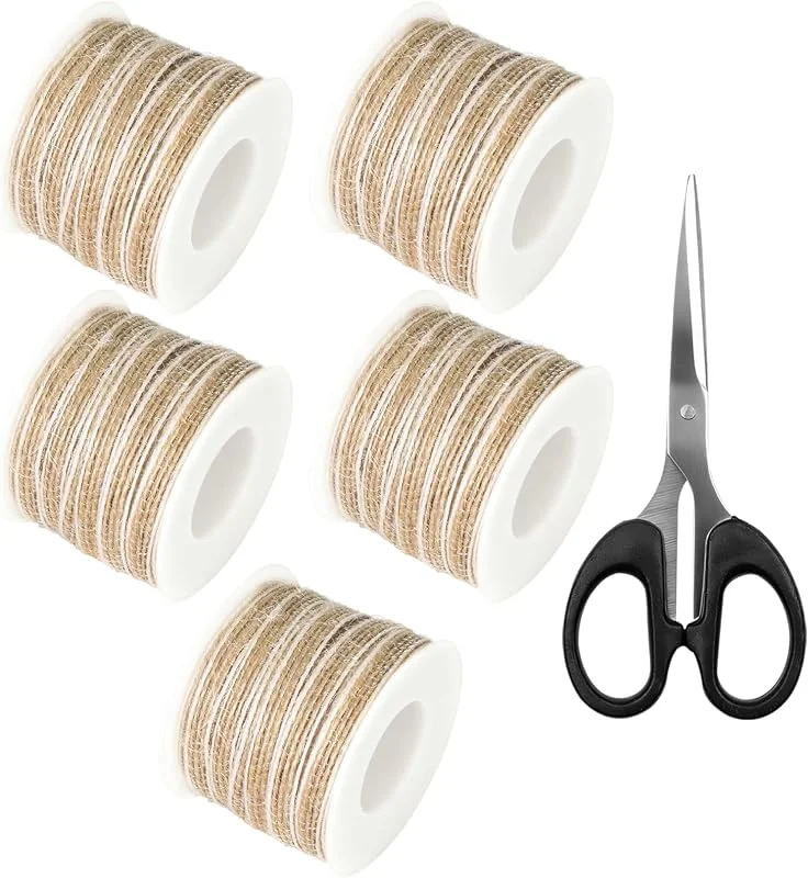 CARANNACLTD 5 Rollos Cinta de Arpillera, 50m Cinta de Yute Natural, Arpillera de Yute Craft Ribbon Vintage para Envolver Regalos Navidad Boda Manualidades, Decoración de Bodas(0, 6cm) — Envoltorio regalo