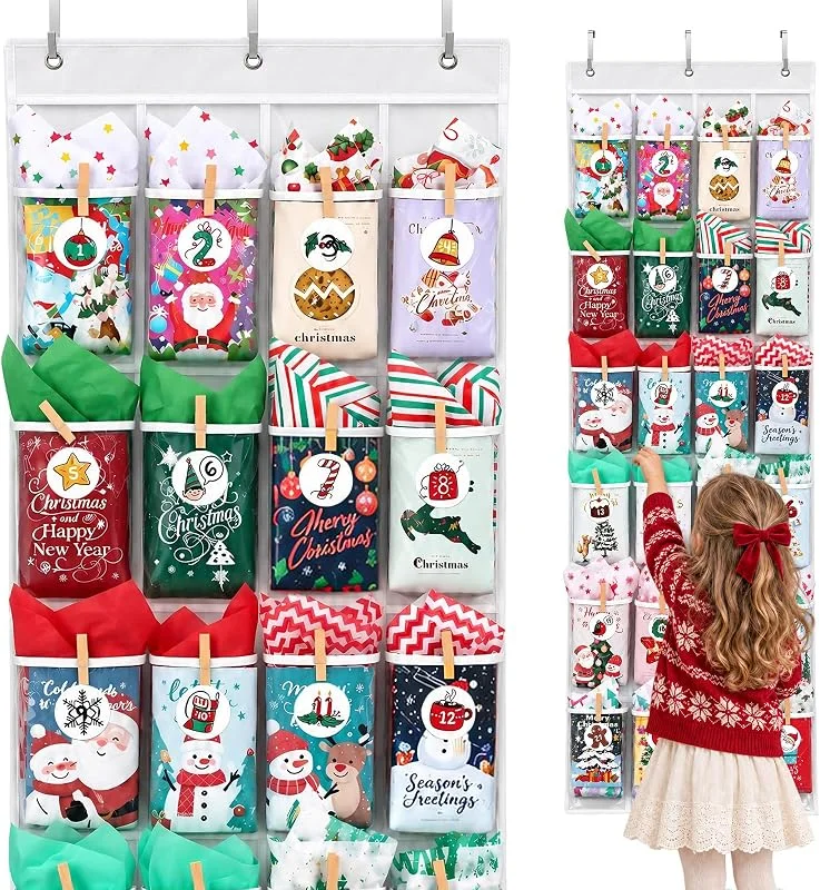 JONRRYIN Calendario de Adviento para Rellenar 2026, Calendario de Navidad DIY con 24 Bolsillos Reutilizable 150 x 45 CM para Regalos, Dulces, Decoración — Adviento y mesa
