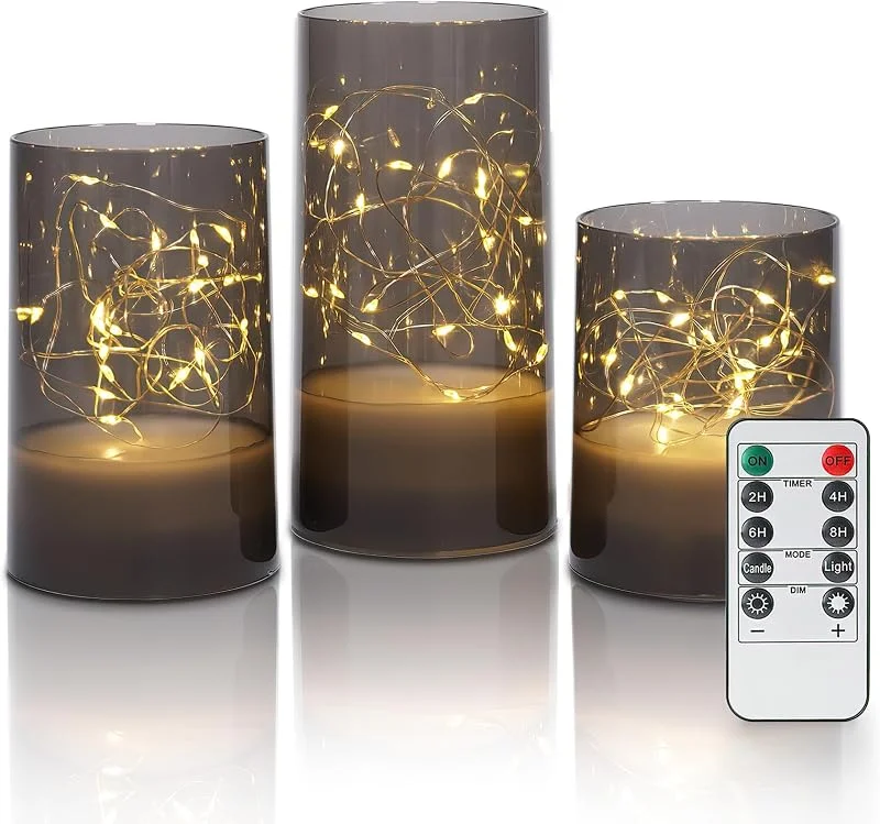 Visita la tienda de Fanna Fanna 3 faroles de vela de hadas con control remoto para decoración de centro de mesa, cadena de luces parpadeantes integradas en velas sin llama que funcionan con pilas para Navidad, acrílico gris, 4 — Cena a la luz de velas