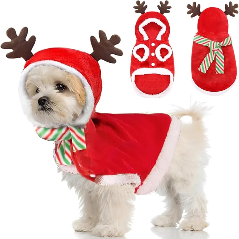QUOHE Disfraz Navidad para Perros Gatos, Accesorios Ropa Navideño de Mascota, Capa con Bufanda Traje para Perro Gato Decoración Navideña, Regalo Roja Disfraces Navideños para Perro Gato Pequeños (M) — Ropa Navidad