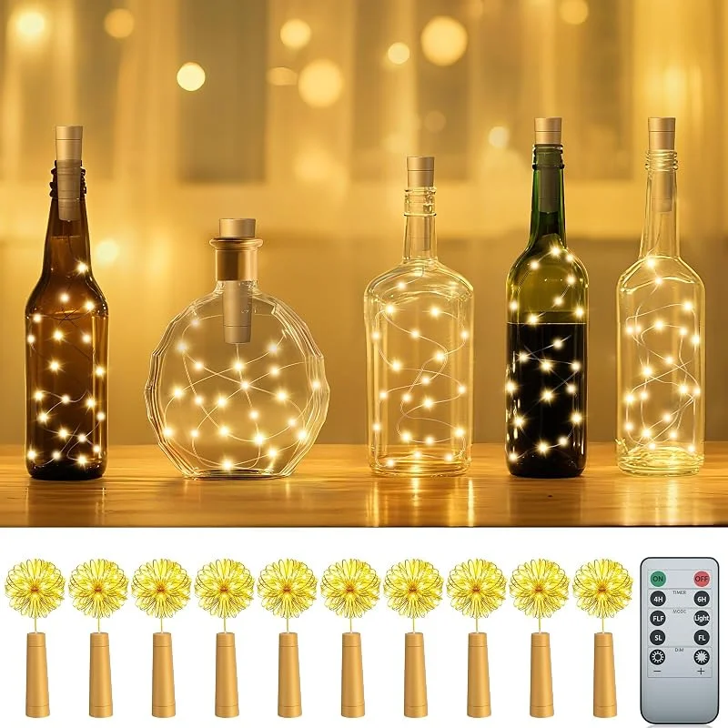 Visita la tienda de PChero PChero Luces de botella con corcho, 0 unidades, 2 m, 20 LED, funciona con pilas, con temporizador, luces de corcho para botellas de vino con control remoto para bricolaje, boda, jardín — Luces Navidad