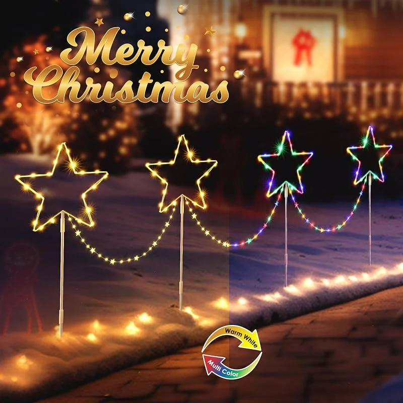 Visita la tienda de Quntis Quntis 4 Pack Luces Navidad Camino 144 LED Forma de Estrella Temporización 8 Modos IP65 Impermeable Luces Navidad Decoración para Navidad Jardín Camino Patio Césped, Blanco Cálido y Color