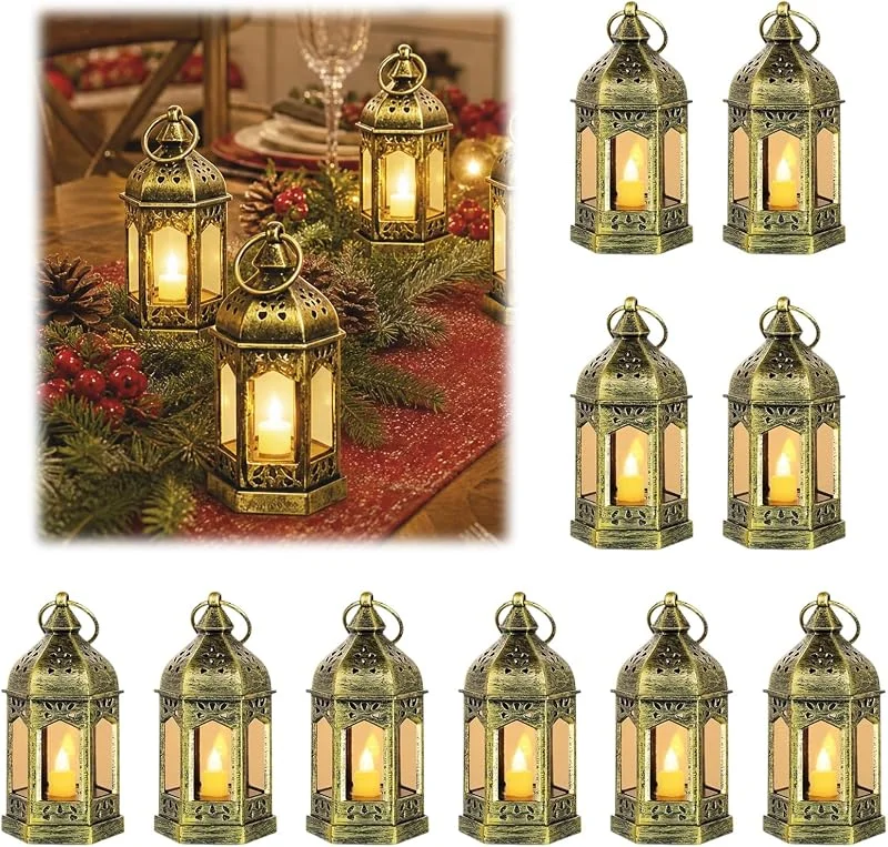 Jinfanshurich Juego de 10 farolillos pequeños colgantes con velas LED, color dorado — Cena a la luz de velas