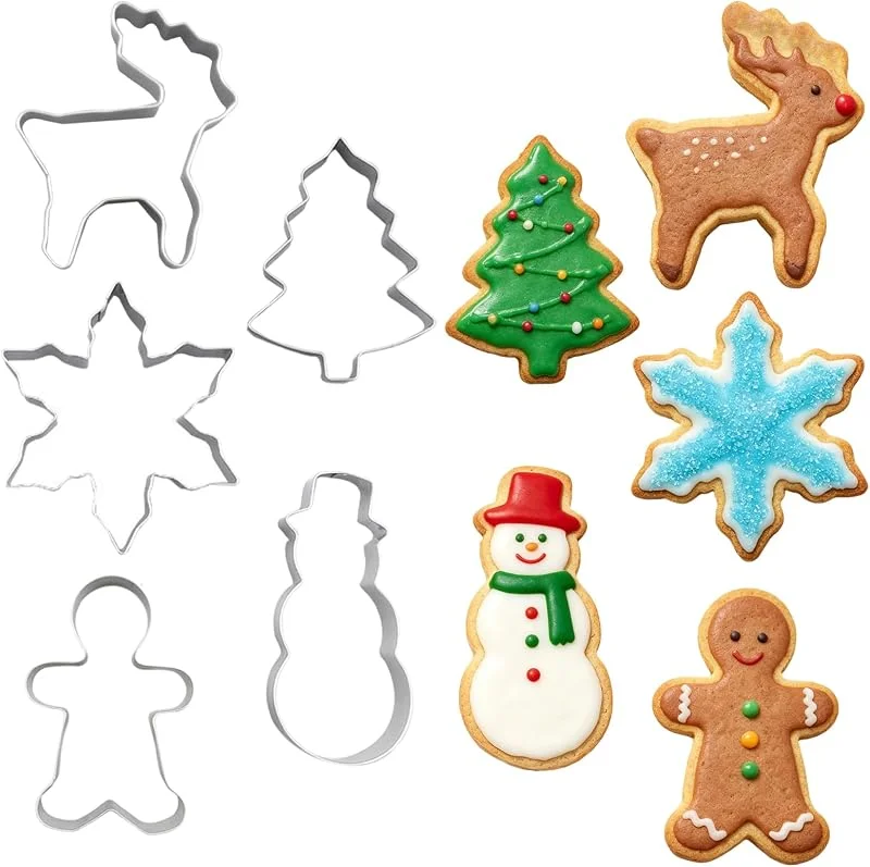 MBSIVSA 5 Moldes Galletas Navidad, Cortadores Galletas Navidad con Copo de Nieve Árbol Reno Hombre de Jengibre y Muñeco de Nieve, Moldes Duraderos para Hornear con en Familia — Hogar y cocina