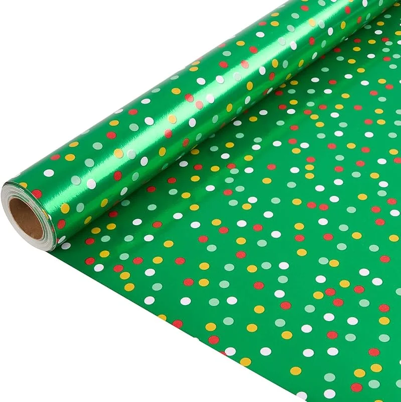 BIULDPY Rollo de papel de regalo navideño de 10 m x 43 cm, estampado verde con lunares multicolores para decoración de regalos de cumpleaños y Navidad. — Envoltorio regalo