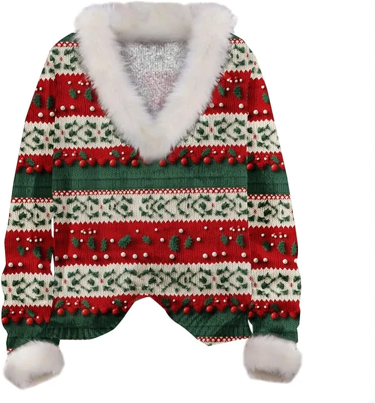 Generic HUIFUAO Sudaderas de Navidad para mujer, suéteres feos de Navidad para mujer, árbol de Navidad, cuello de pelo, manga larga, suéter de Navidad para mujer — Ropa Navidad