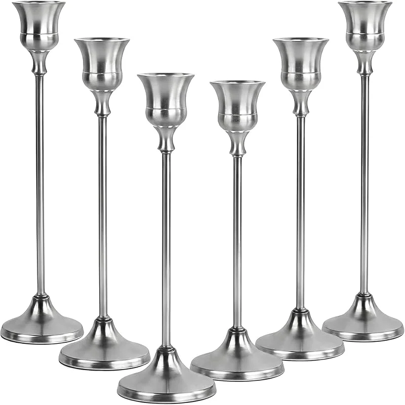 MQWDGJ 6 candelabros de metal plateado, juego antideslizante de 16, 19, 23 cm — Cena a la luz de velas