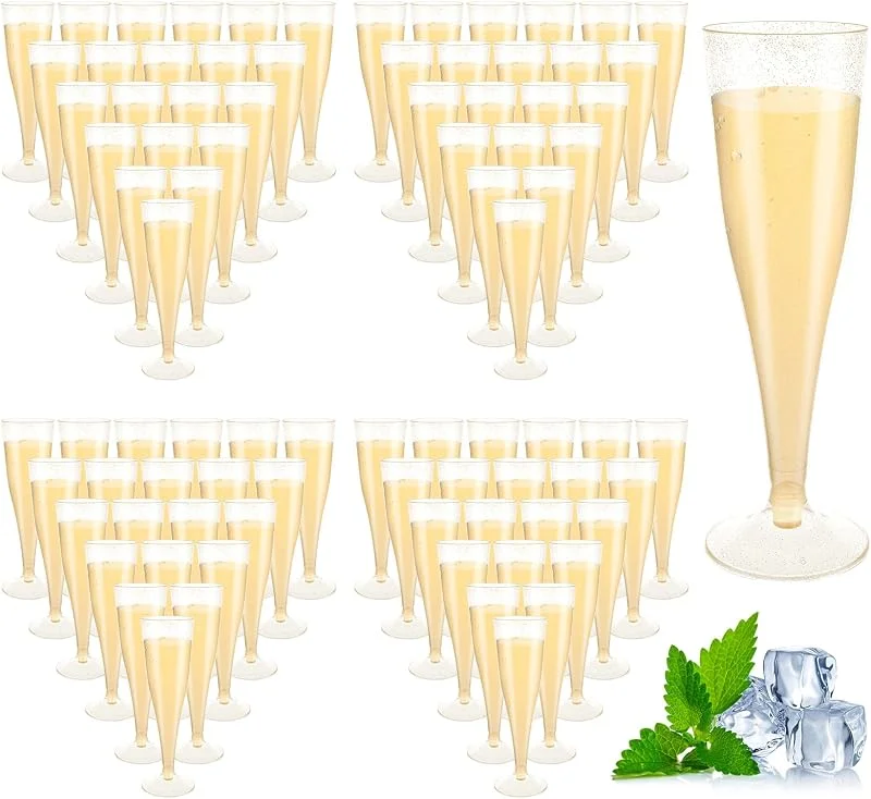 AKOLAFE 100 Piezas Copas Plástico Duro, Copas de Plástico para Champan 4, 5 oz, Flautas con Purpurina Dorada y Base Desmontable para Cava, Bodas y Fiestas — Vino y mesa festiva