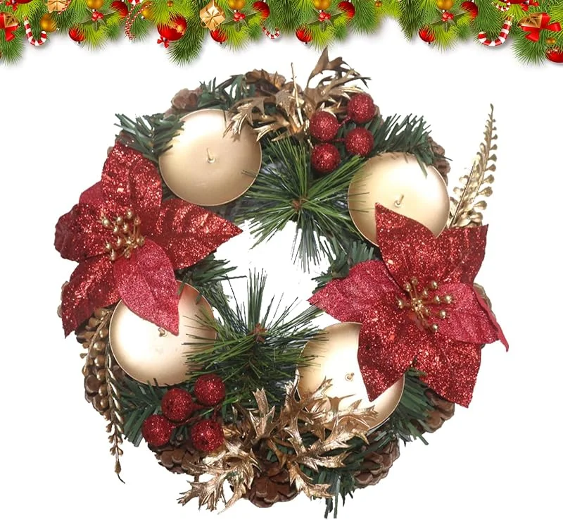 PLUSHCEWT Corona de Adviento de Navidad con Conos de Pino y Bayas Rojas Guirnalda de Adviento con 4 candelabros Coronas para Mesa del Comedor o Fiestas de Navidad Hogar(23 x23 x 9cm) — Decoracion Navidad
