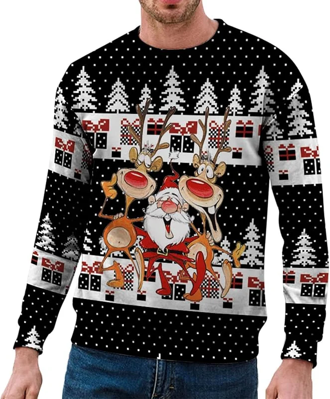 Generisch Jersey de Navidad para hombre divertido 3D suéter de Navidad manga larga cuello redondo suéter navideño divertido Papá Noel reno patrón feo sudadera de Navidad sin capucha sudaderas de Navidad para — Ropa Navidad