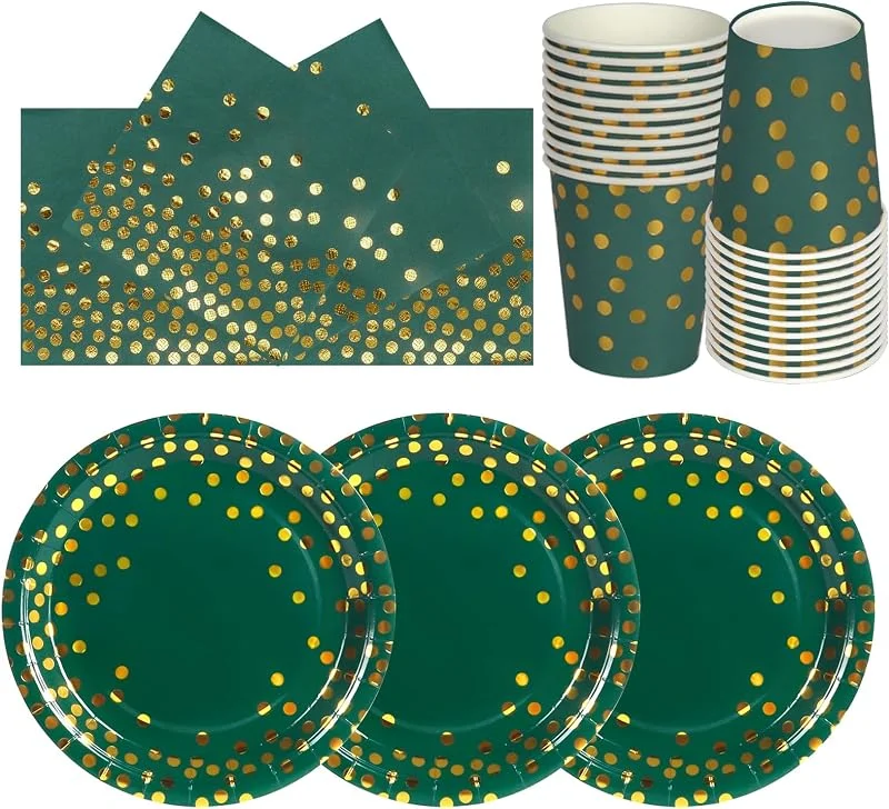 PYAILI 72 Piezas Oro Verde Intenso Vajilla Fiesta Cumpleaños — Adviento y mesa