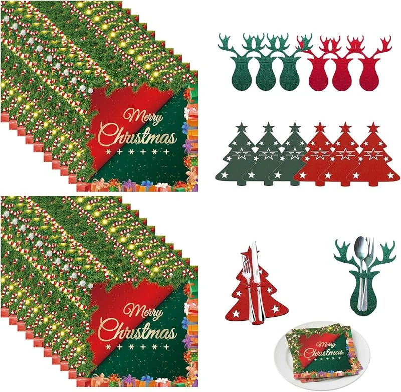 SEPWGUMD Bolsas para Cubiertos de Navidad, 32 Piezas con 20 Servilletas — Adviento y mesa