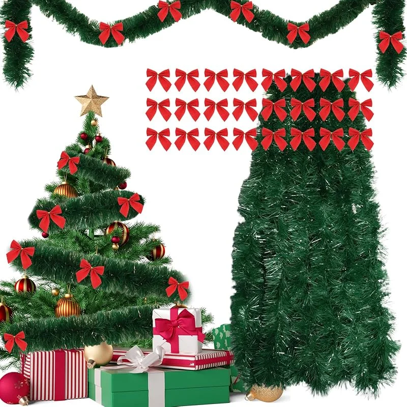 AN-WATTY Guirnalda Navidad 10m + 24pcs Lazos Arbol Navidad, Decoración Navideña — Decoracion Navidad
