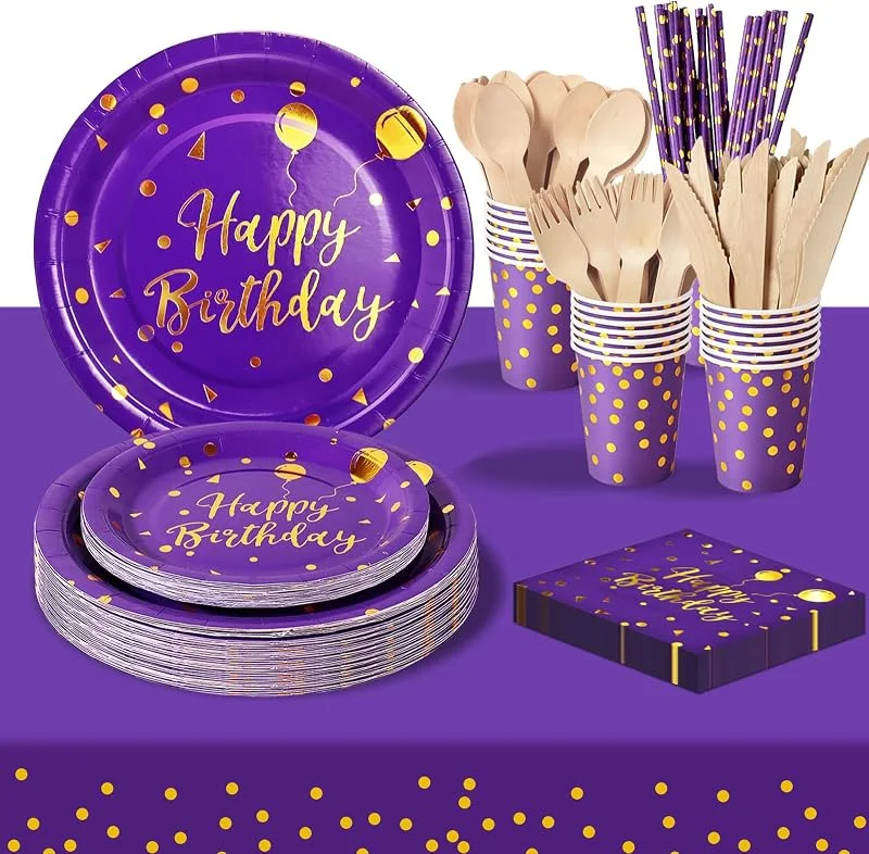 PYAILI 193pzs Vajilla Fiesta Morado Dorado Cumpleaños — Adviento y mesa