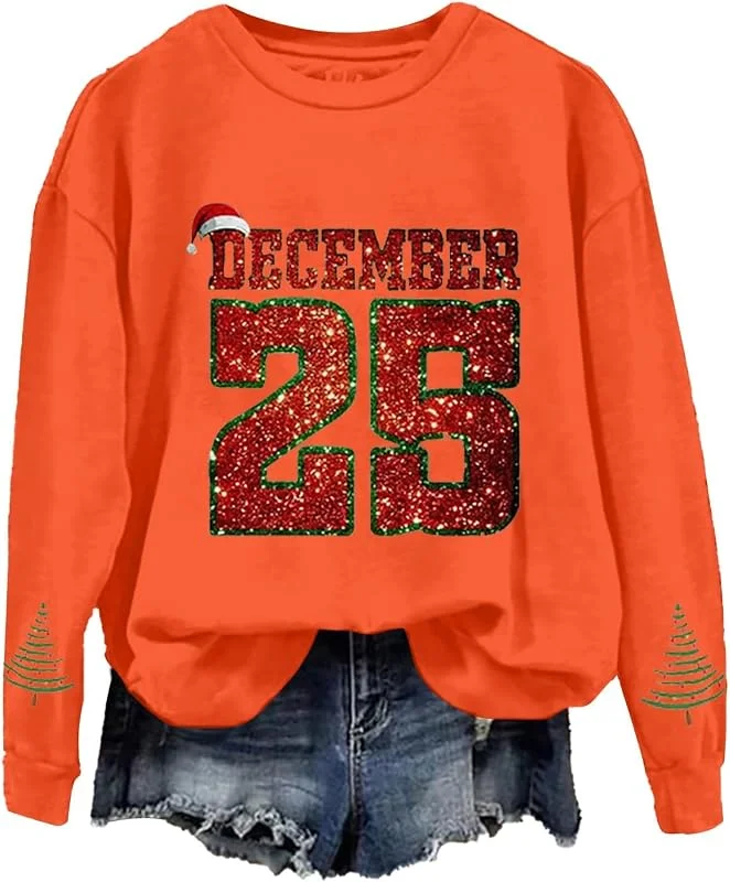 tacniseyw Suéter de Navidad para mujer, 25 de diciembre, estampado gráfico, sudadera de Navidad para mujer, manga larga, cuello redondo, camiseta fea de gran tamaño, suéter de invierno — Ropa Navidad