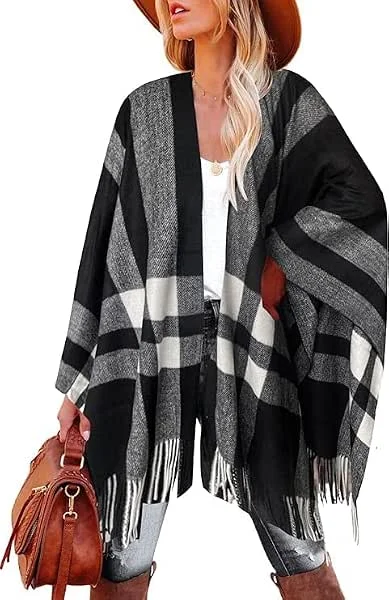 breezy lane Suéter tipo poncho a cuadros para mujer, de gran tamaño, frente abierto, capa de punto, borla, cárdigans para otoño e invierno — Ropa Navidad