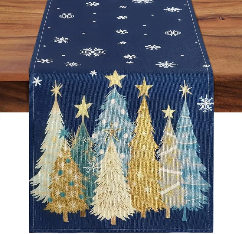 LOMOHOO Camino de mesa de Navidad, azul, 30 x 180 cm, camino de mesa de Navidad, bohemio, moderno, lino, con árboles de Navidad, copos de nieve, estampado para invierno, temporada, Navidad, fiesta — Hogar y cocina