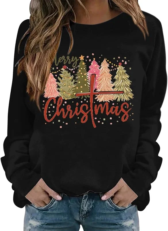 Generic HUIFUAO Sudaderas de Feliz Navidad para mujer, suéter feo de Navidad, árbol de Navidad, manga larga, estampado, traje de Navidad para mujer — Ropa Navidad