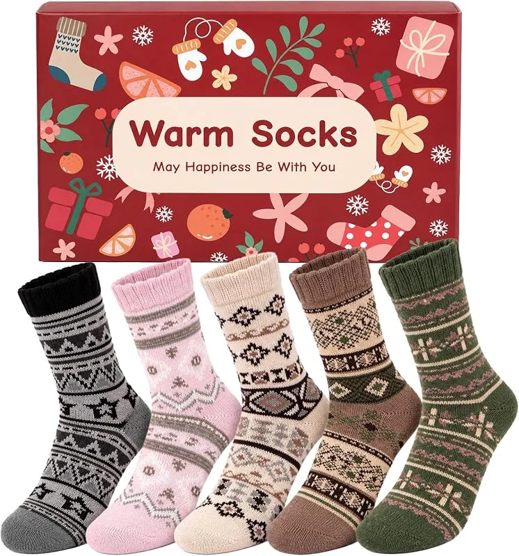 Visita la tienda de Miss Lulu Miss Lulu Calcetines Mujer, 5 Pares, Mezcla de Lana, Caja Regalo Navideña — Decoracion Navidad