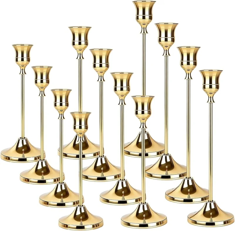YOOMUR Juego de 12 candelabros dorados de 15, 19, 23 cm, candelabros de metal cónicos, candelabros altos vintage para mesa, boda, inauguración de casa, regalo de Navidad — Cena a la luz de velas