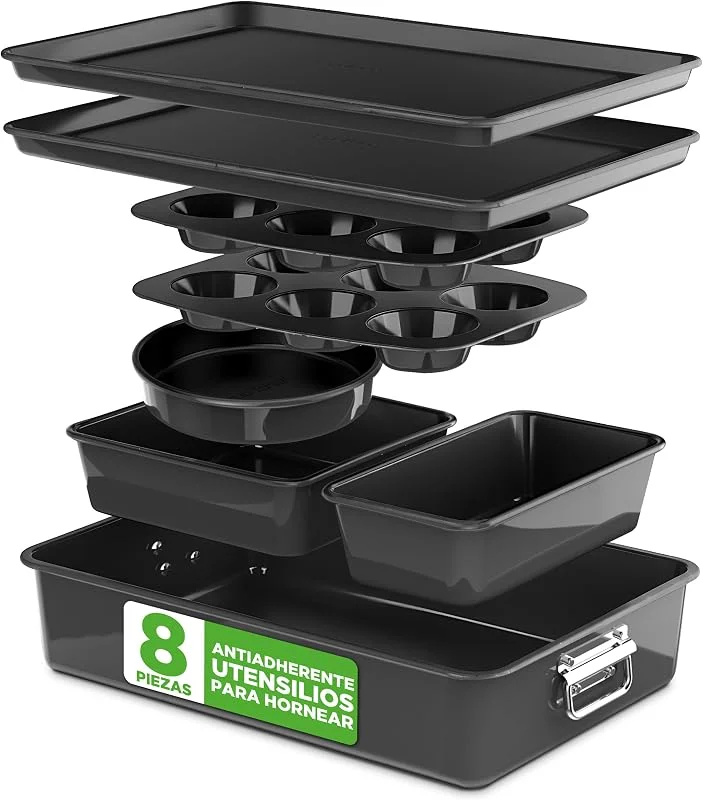 Visita la tienda de NutriChef Nutrichef juego 8 moldes apilables, Bandejas, Libres de PFOA, PFOS, PTFEE, Utensilios horno hasta 232°C, Baking set, Antiadherentes, Color negro — Hogar y cocina