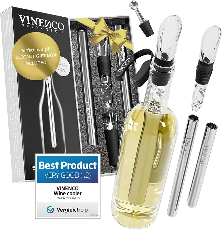 Visita la tienda de Vinenco Enfriador de Botellas de Vino Blanco, 3 en 1 Kit: Juego de Refrigeración (Acero) de Calidad + Tapón–Decantador + Aireador, Accesorios Bar, Idea Regalo Mujer Hombre Cumpleaños Fiesta Amigo Barman — Vino y mesa festiva